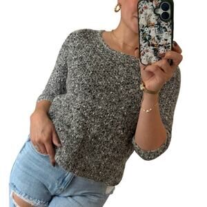 Ann Taylor S Grey Marled Chunky Knit Ribbed Crew Neck Long Sleeve Wool Sweater